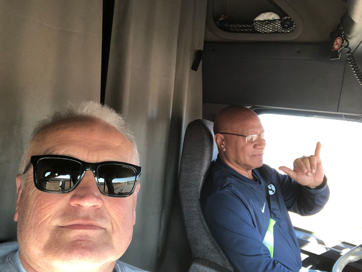 Hal Morrell and Fili Taufa are on a 40-hour, 2,200-mile haul across the country in BYU's equipment truck.